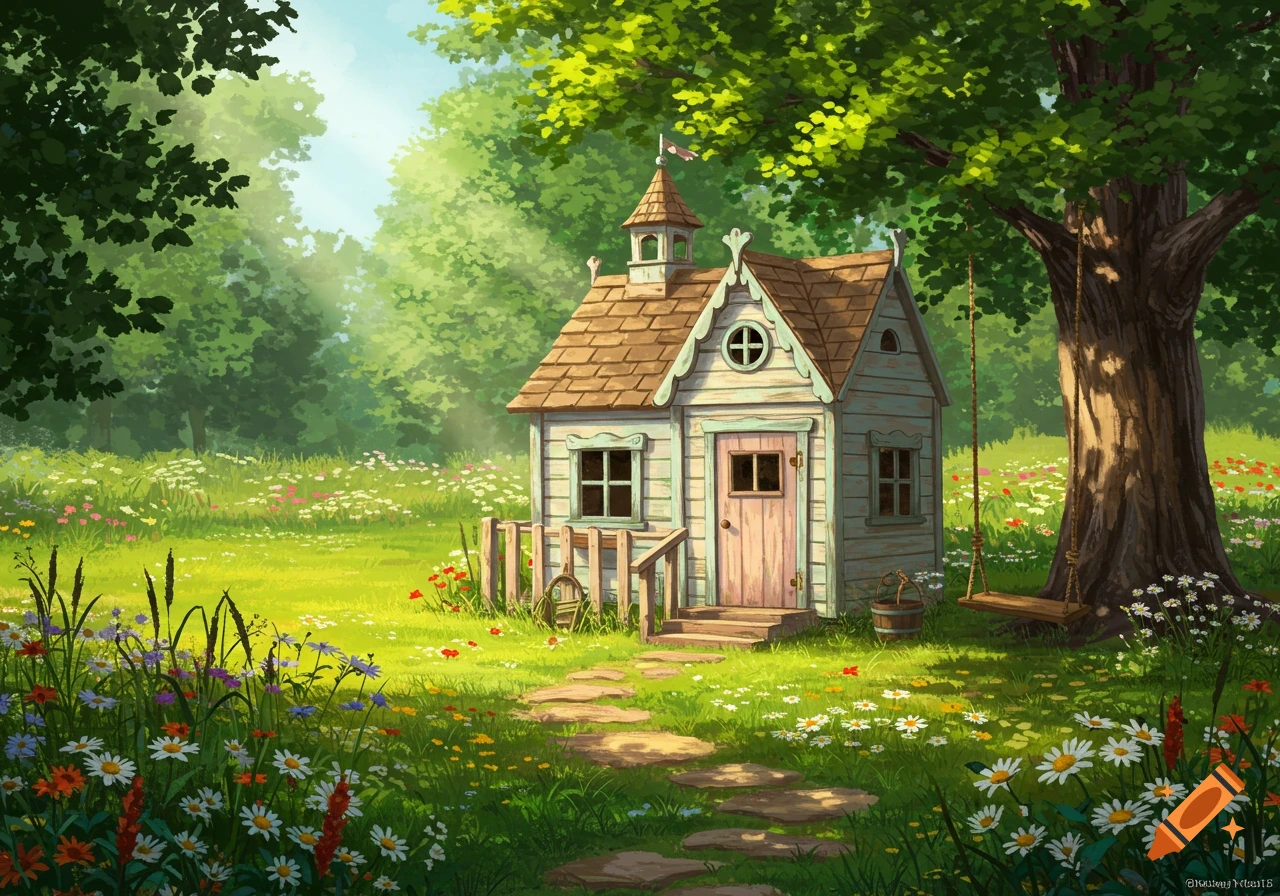 Whimsical playhouse with a steeple roof and a swing next to a large tree in a vibrant meadow of wildflowers under a bright sky, storybook style.