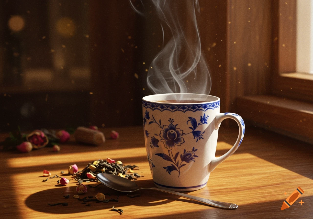 A steaming white mug with blue floral patterns sits on a wooden table beside loose tea leaves, dried rosebuds, and a spoon, bathed in sunlight.