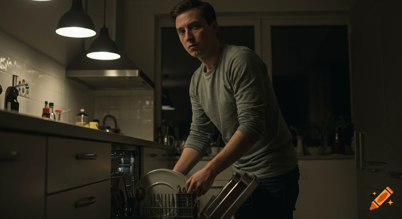 A man in a modern kitchen at night, loading dishes into a dishwasher with a tense expression. Photorealistic style.