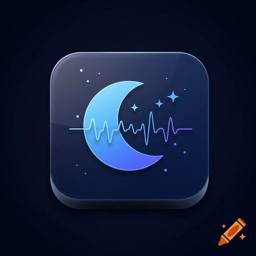 A minimalist app icon featuring a blue and purple gradient crescent moon with a white heartbeat-like line across it, surrounded by stars on a dark background.