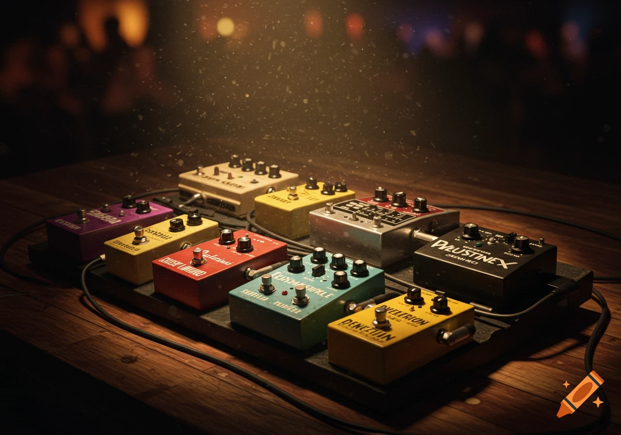 A photorealistic guitar pedalboard with colorful effect pedals connected by cables, under atmospheric stage lighting.