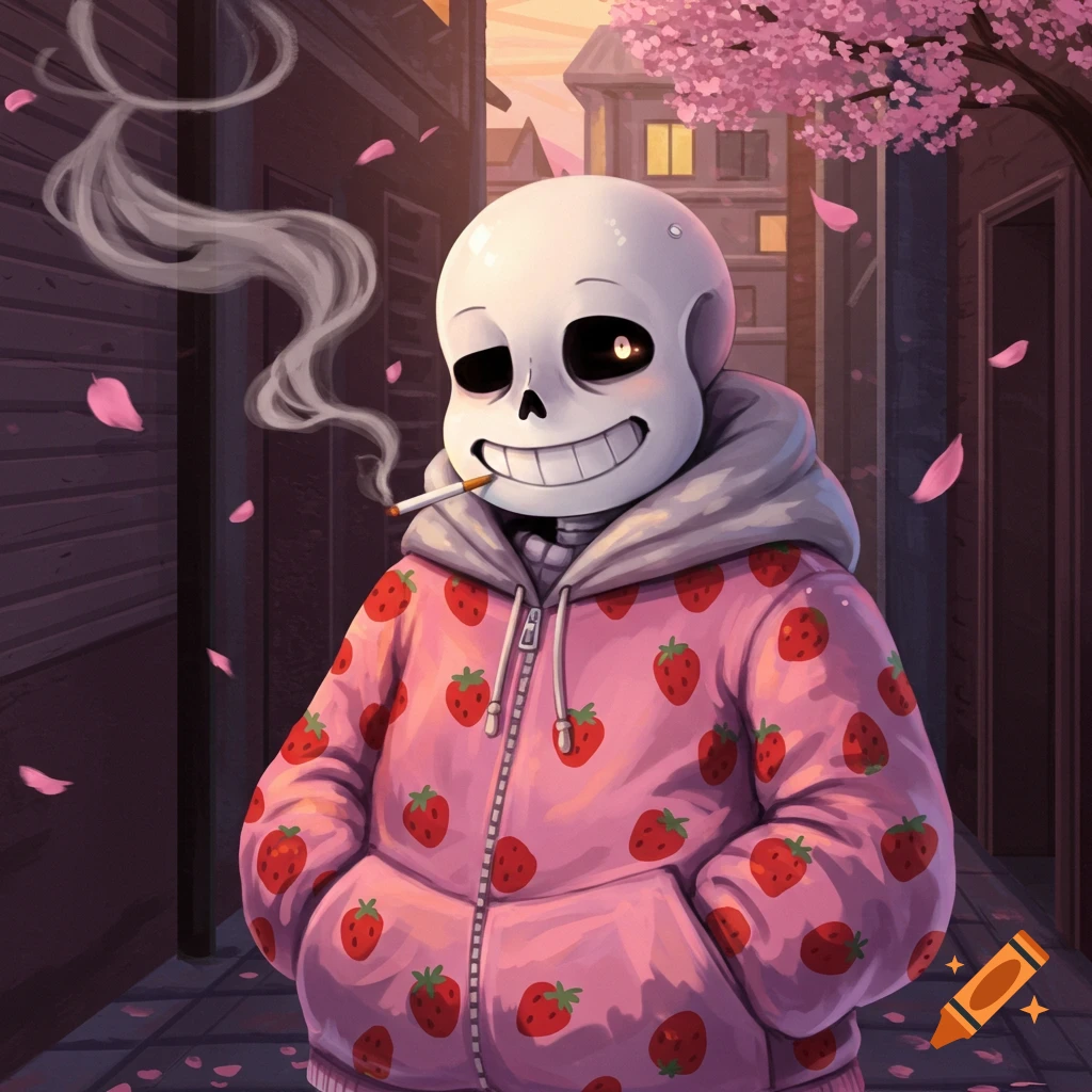 Sans from Undertale in a pink strawberry hoodie, smoking a cigarette in a cherry blossom-lined alley.