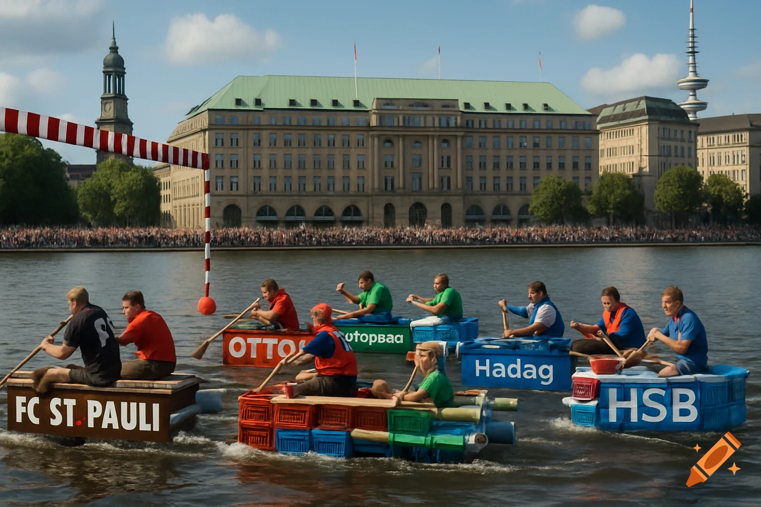 Photorealistic image of a DIY boat regatta on a city river, with several boats made from plastic crates racing. Crowds line the shore with buildings in the background.