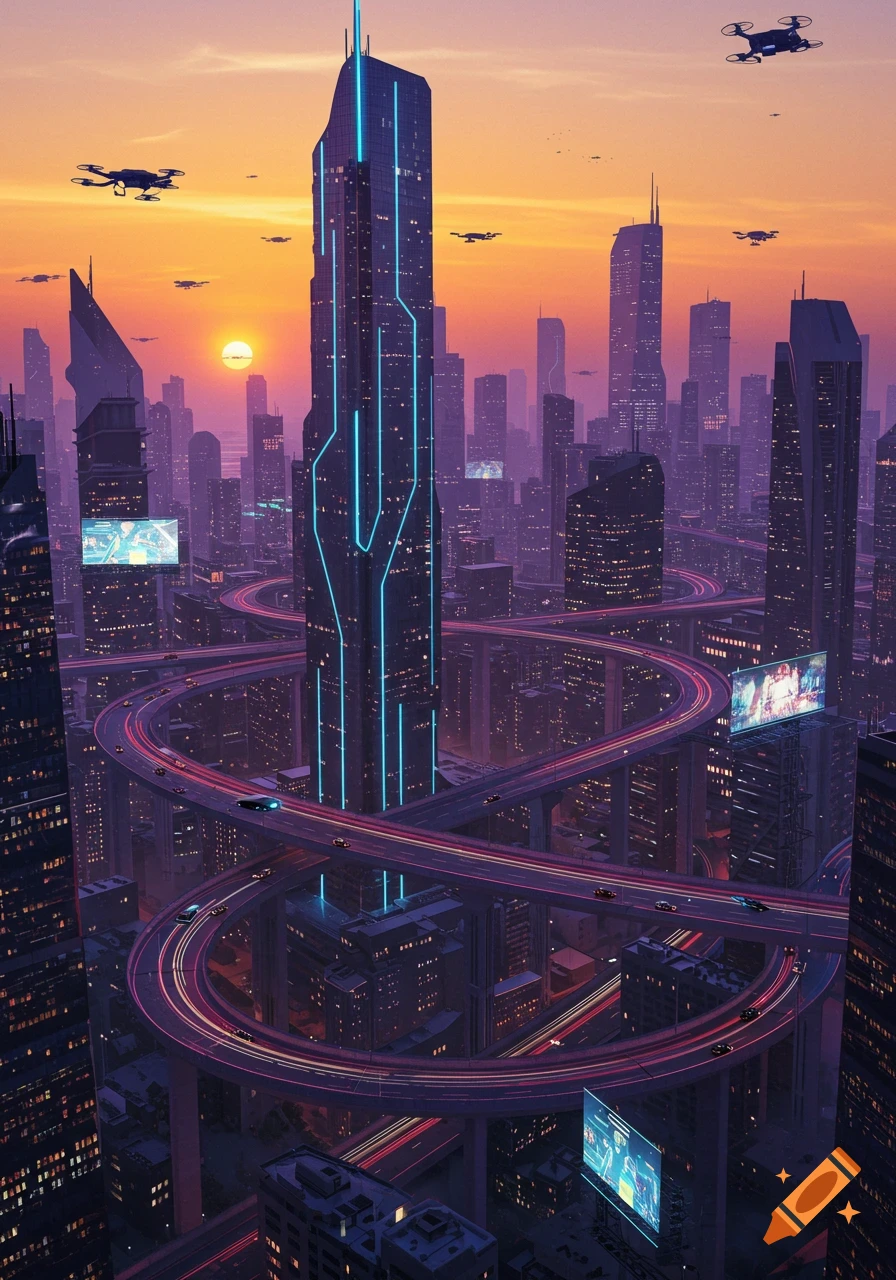 A vibrant futuristic city at sunset with towering skyscrapers, glowing highways, and flying drones.