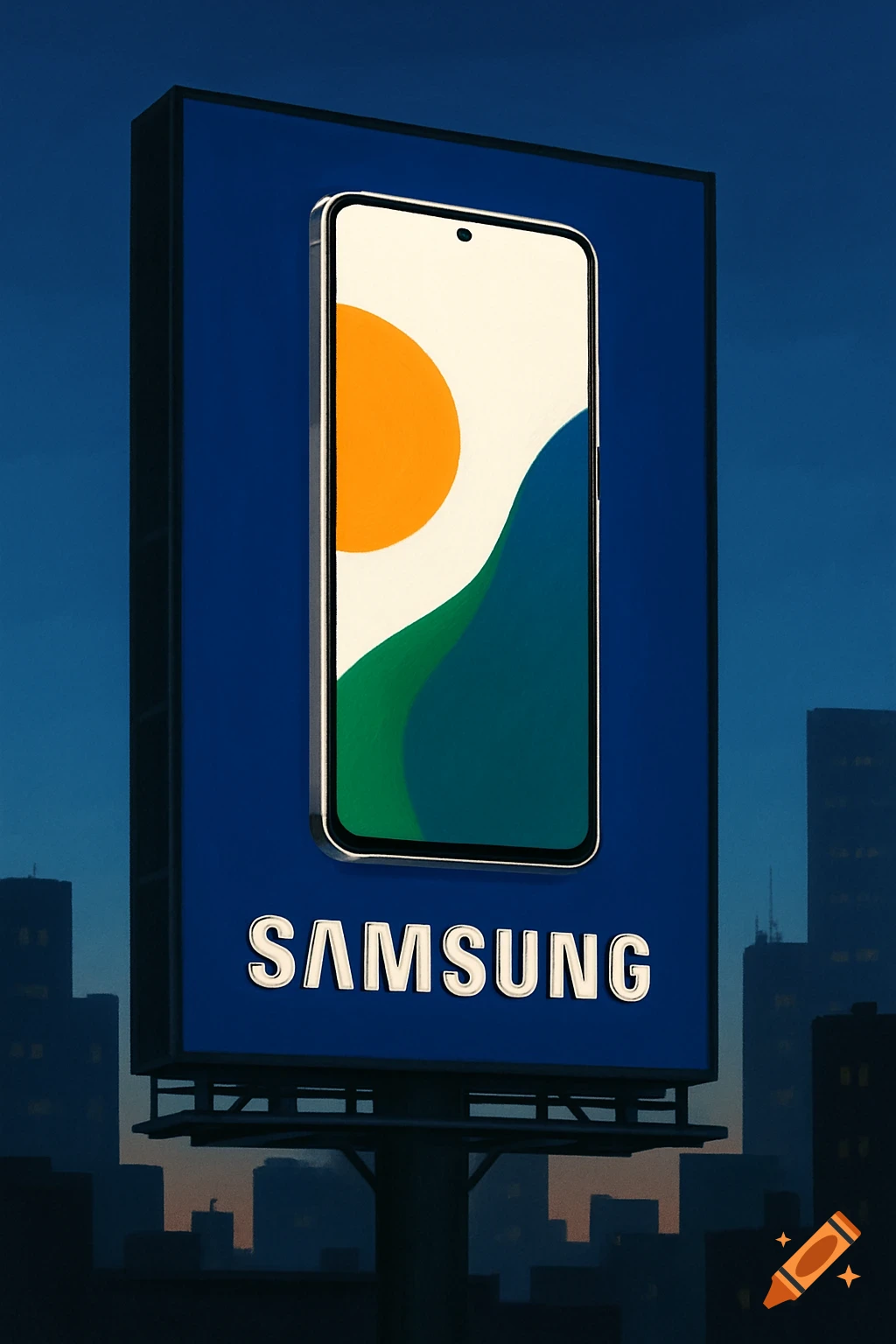 A stylized illustration of a Samsung billboard featuring a smartphone against a dusk cityscape.