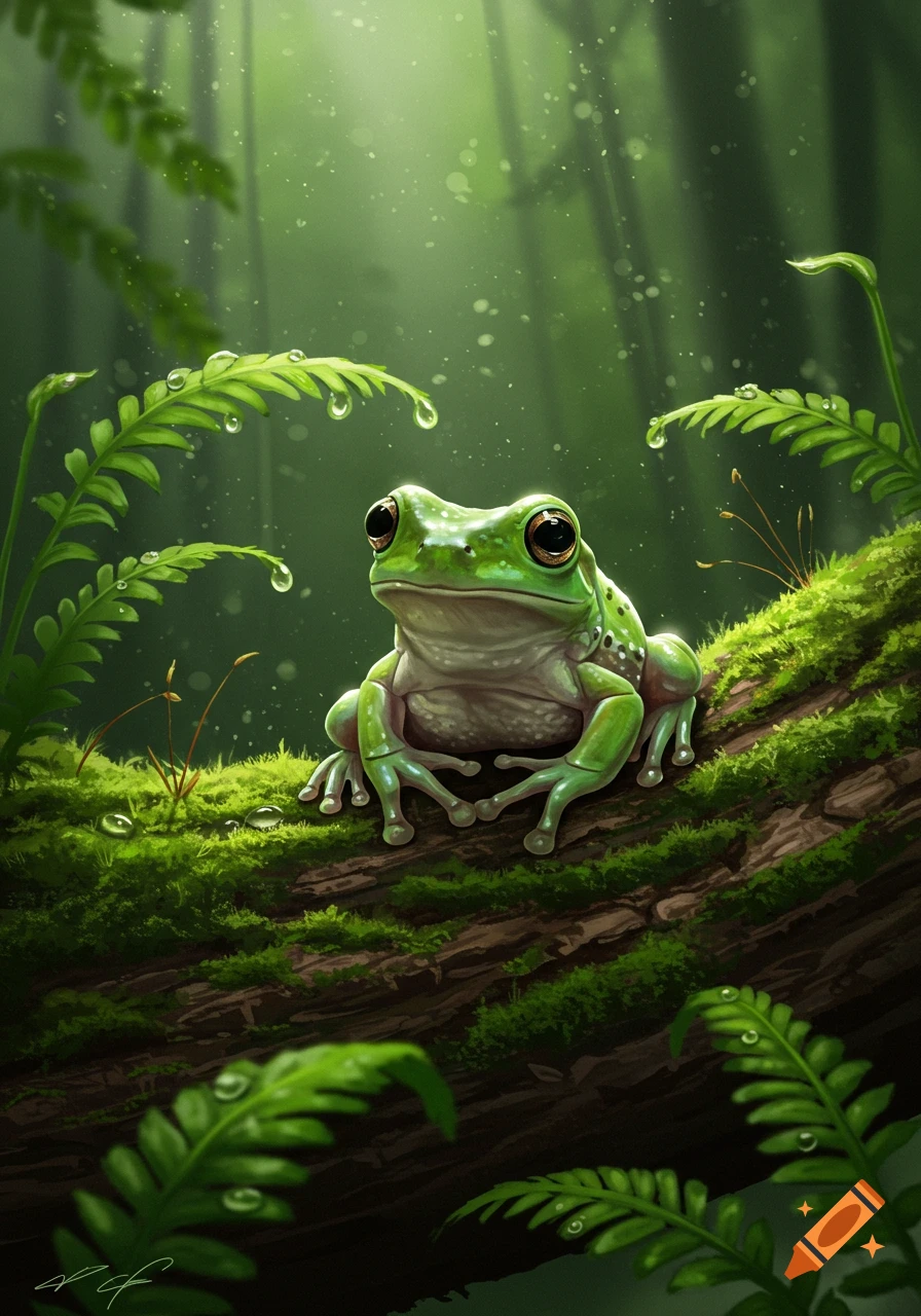 A cute green frog with large eyes sits on a mossy log surrounded by ferns and water droplets in a vibrant, misty forest illustration.