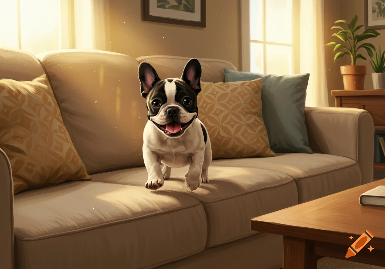 An excited black and white French bulldog puppy walking on a beige couch in a sunlit living room.
