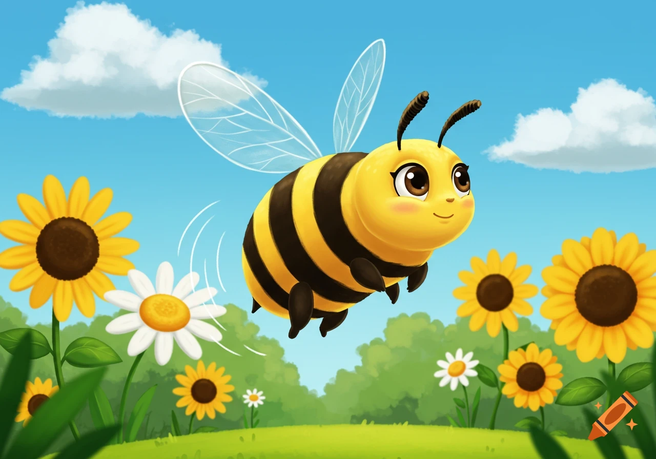 A cute cartoon bee flies in a sunny field surrounded by yellow sunflowers and white daisies.