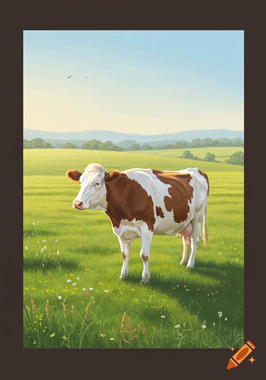 A brown and white cow stands in a green field with wildflowers under a clear blue sky.