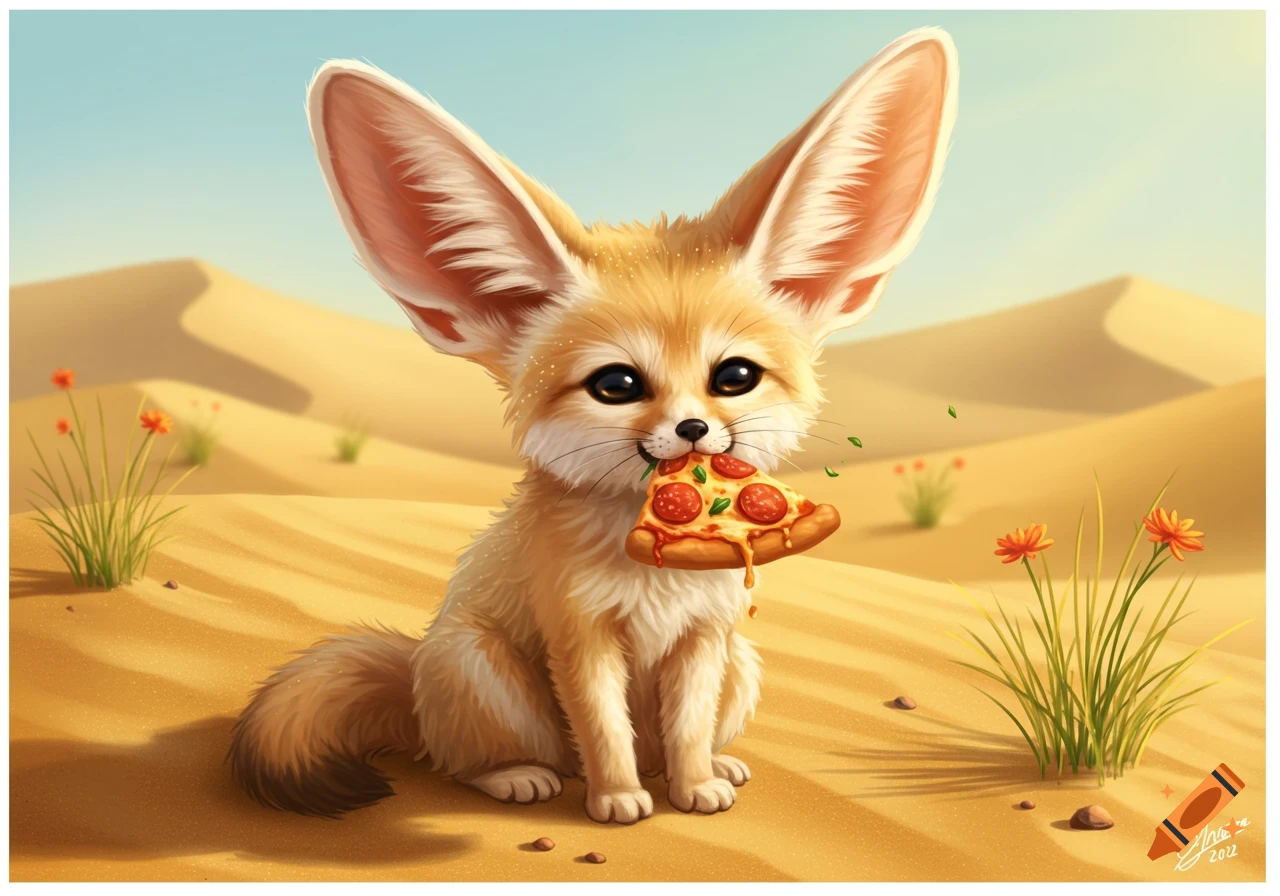 A cute, cartoon fennec fox with large ears sits in a sandy desert, happily eating a slice of pepperoni pizza.