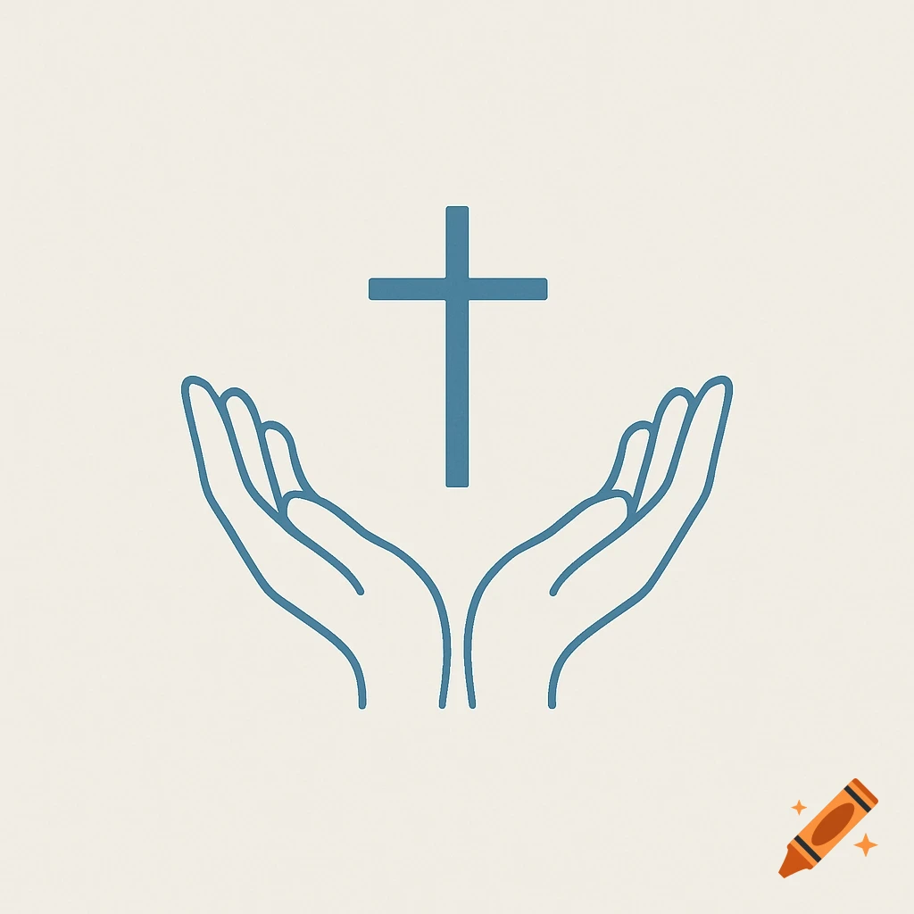 Minimalist blue line art logo of two hands cupped upwards with a cross above them on a white background.