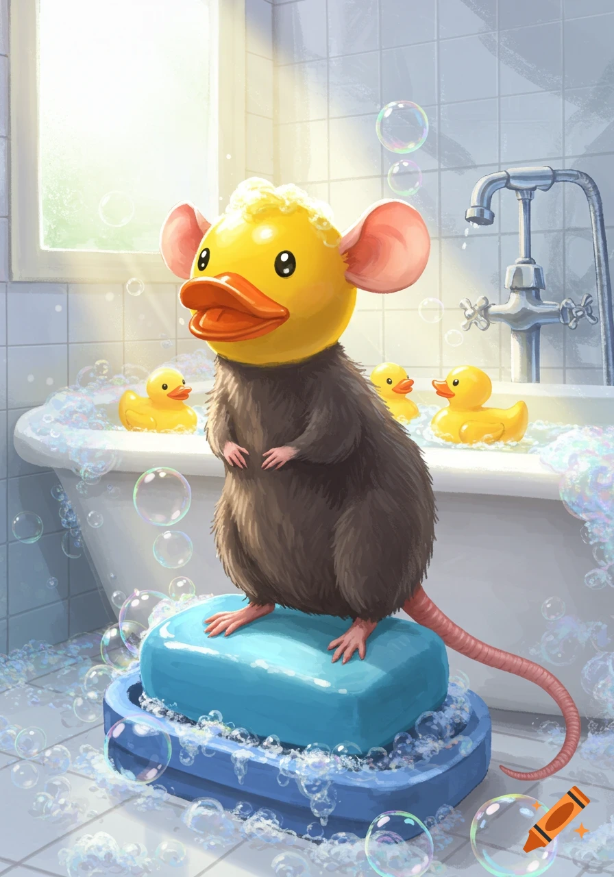 A cartoon rat with a rubber duck head stands on soap next to a bubbly bathtub with rubber ducks.
