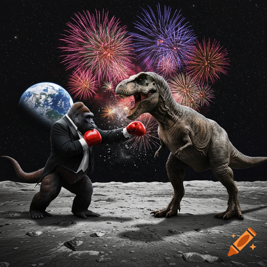 A photorealistic image of a gorilla in a tuxedo and boxing gloves fighting a T-rex on the moon, with Earth and fireworks in the background.