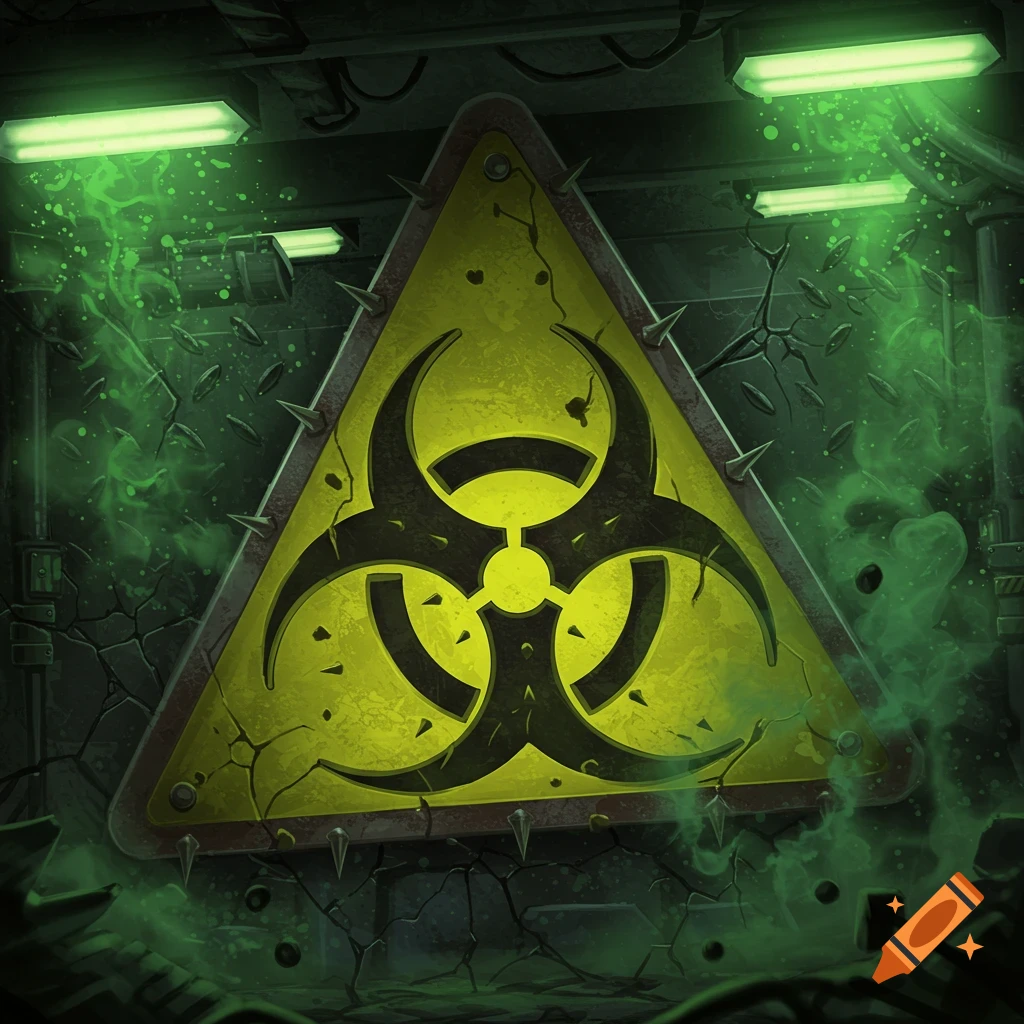 Grungy yellow biohazard sign with spikes, surrounded by green toxic smoke and glowing lights in a dark industrial area.