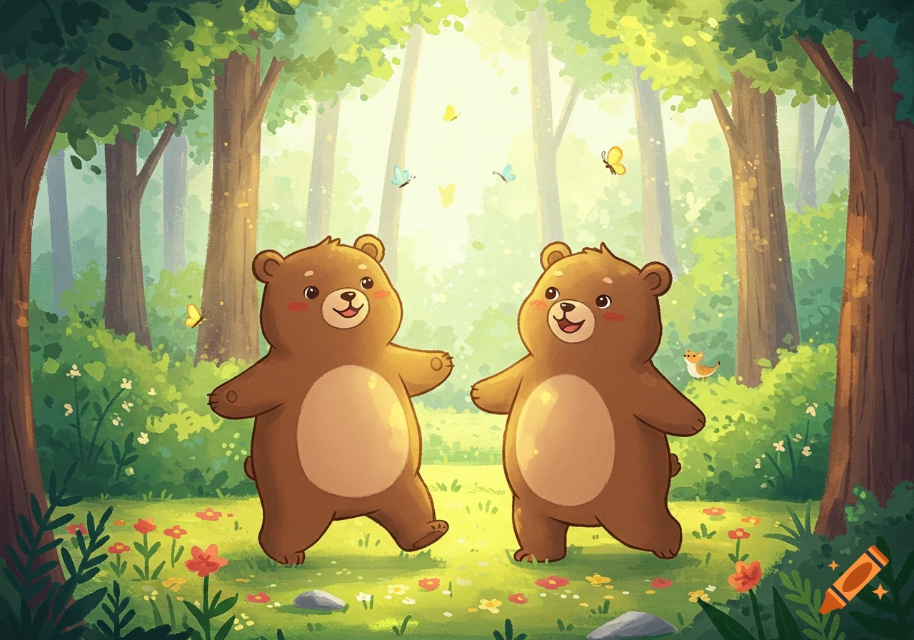 Two happy cartoon bears stand in a sunny, colorful forest with butterflies and flowers in a friendly, cute style.