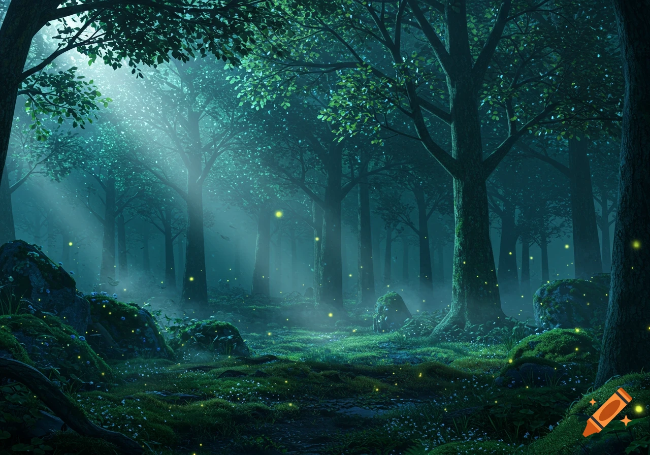 Misty magical forest with glowing fireflies and sunlight rays piercing through tall, lush trees.
