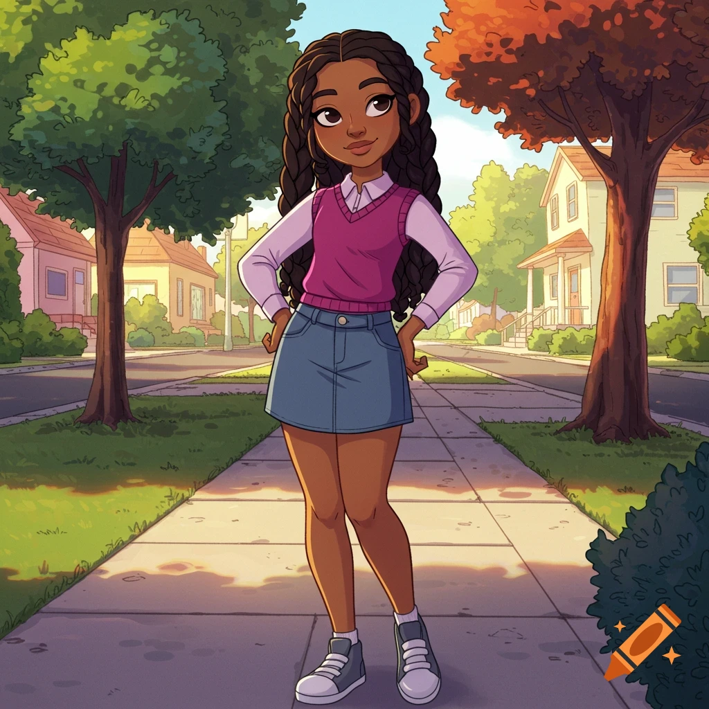 A smiling cartoon Black girl with braids, wearing a pink vest, denim skirt, and sneakers, stands on a suburban sidewalk.