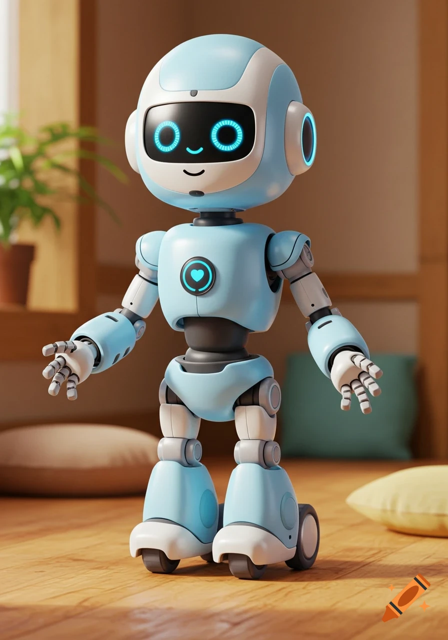 A cute, light blue and white cartoon robot with digital eyes and wheels stands on a wooden floor.