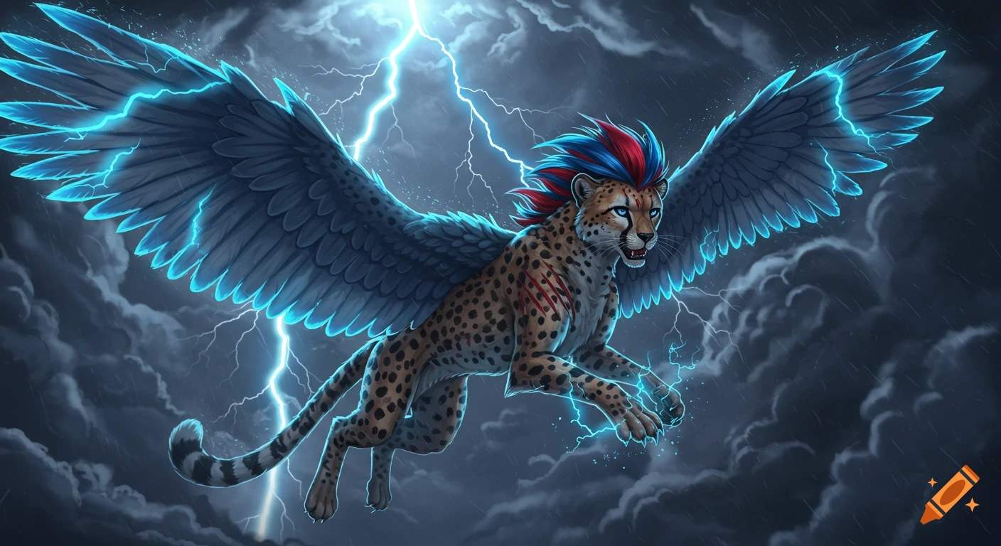 A majestic winged cheetah with red and blue hair flies through a stormy sky, glowing with blue lightning energy.