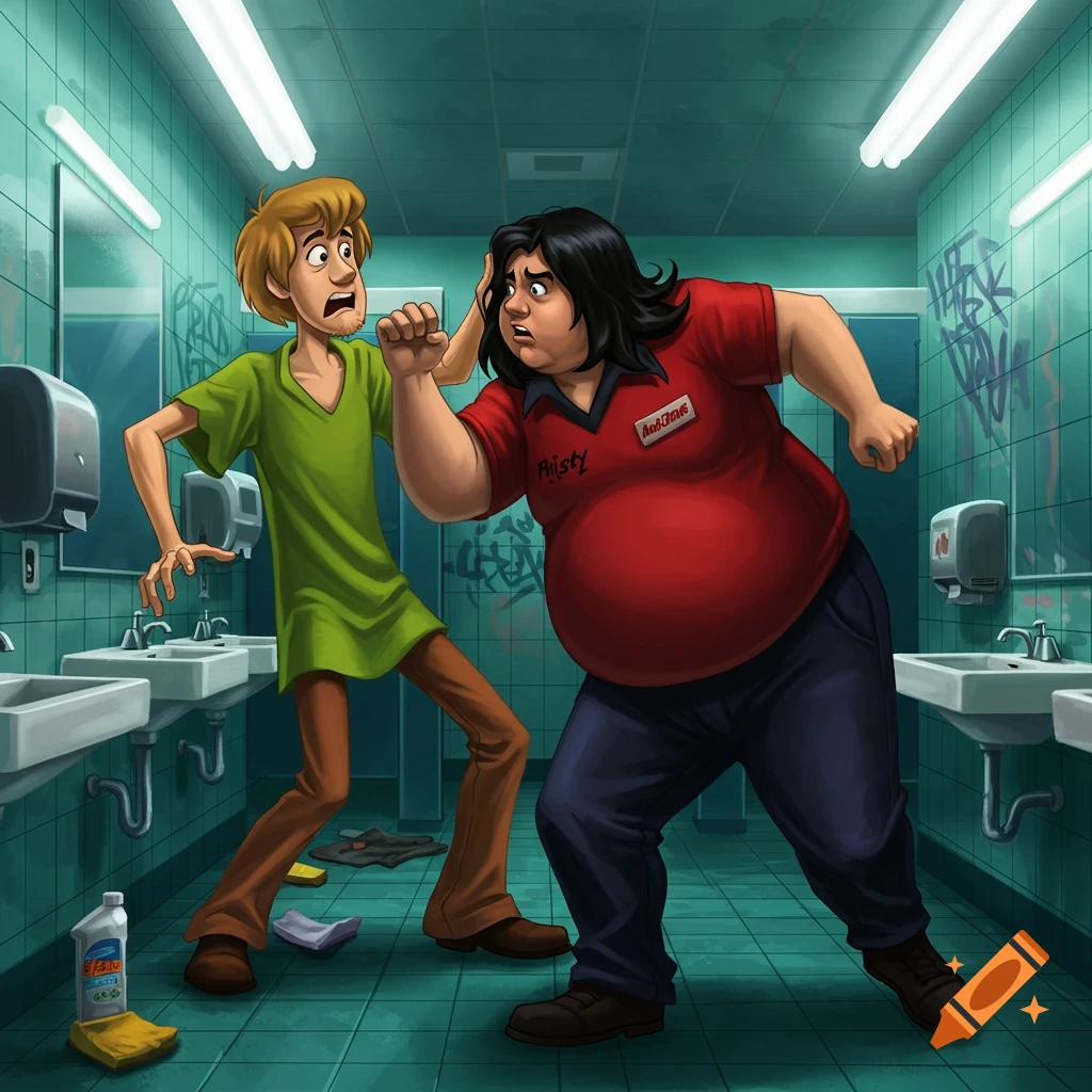 Cartoon of Shaggy from Scooby Doo and a long-haired man in a red shirt fighting in a grimy public bathroom.