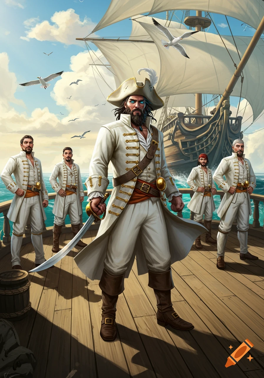 A group of white-clad pirates on a wooden ship deck, with the sea, sky, and seagulls in the background. The leader holds a sword.