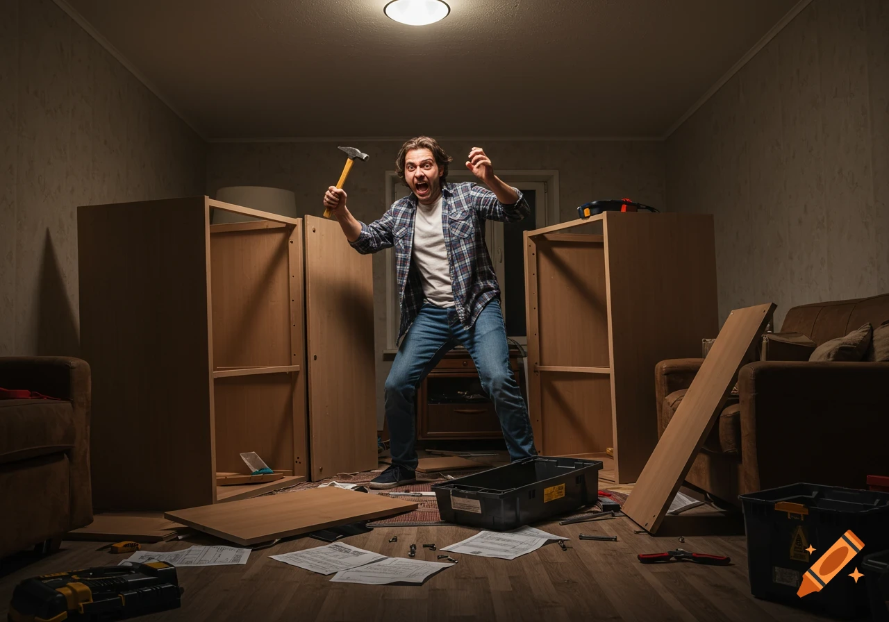 A man with a wild expression holds a hammer, surrounded by disassembled flat-pack furniture parts in a messy room.