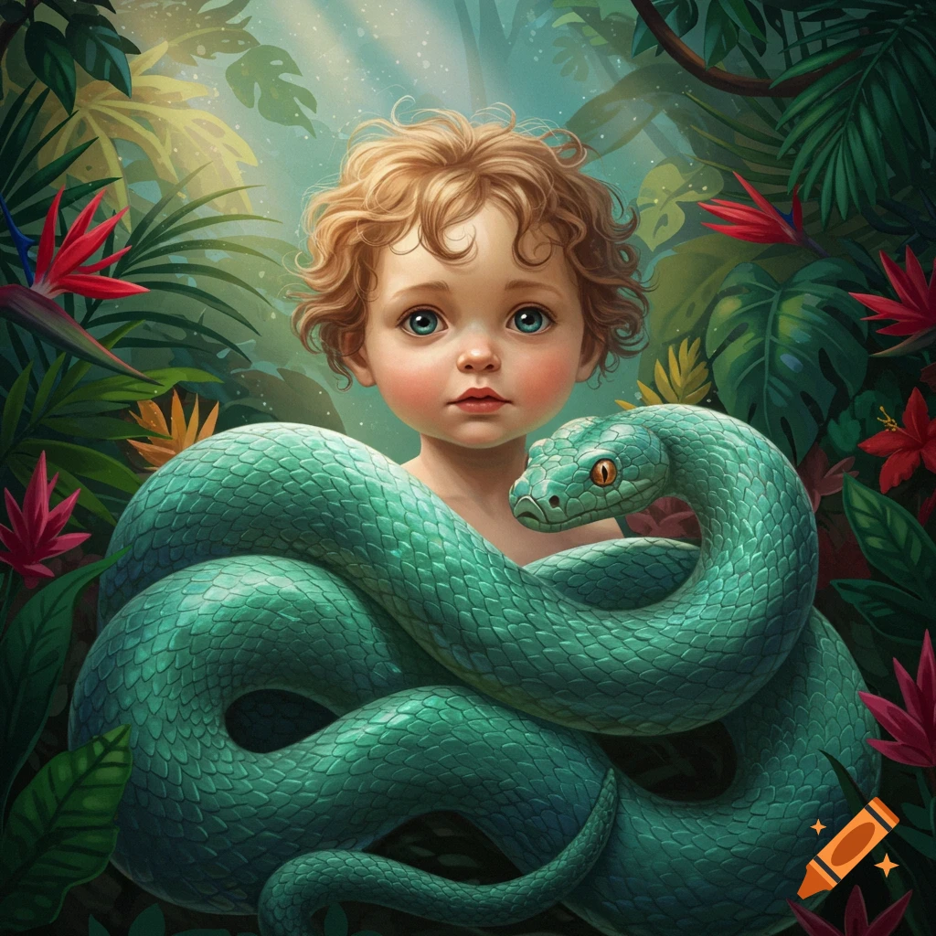 A curly-haired child with blue eyes looks out from behind a large green snake in a lush jungle, detailed illustration style.
