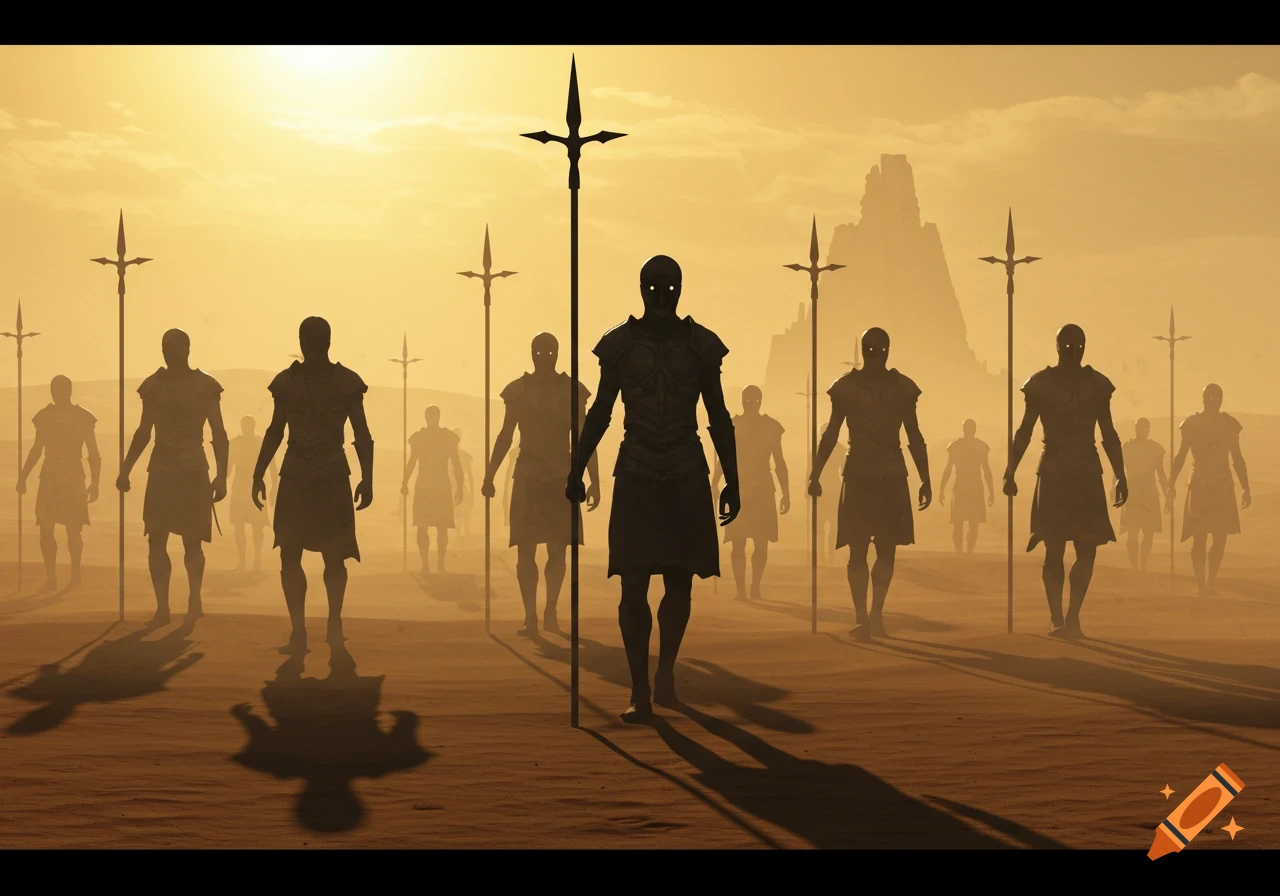 Stylized faceless soldiers with glowing eyes and spears march across a desert landscape towards a distant structure at sunset.