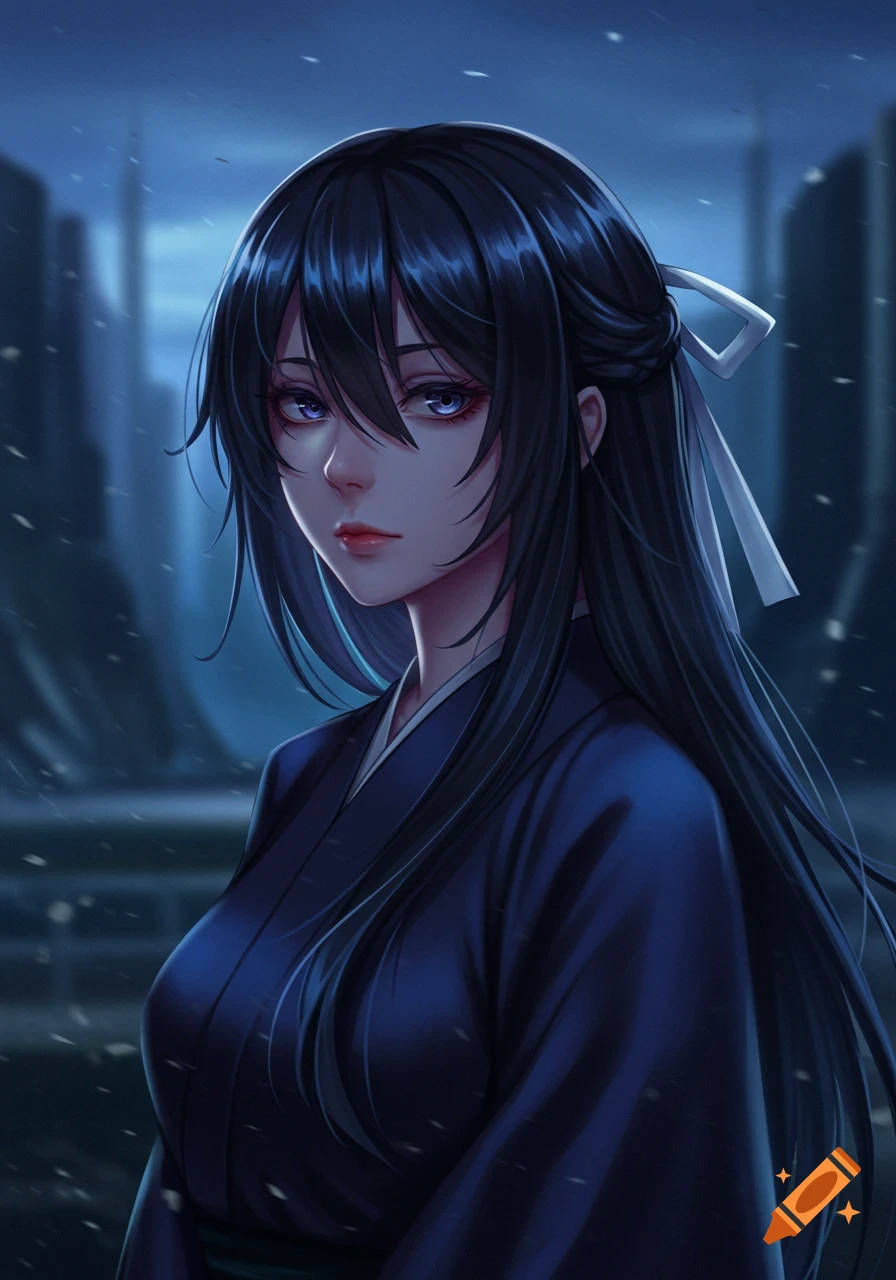 Anime portrait of a solemn young woman with long dark hair and purple eyes, wearing a dark kimono in a snowy night scene.