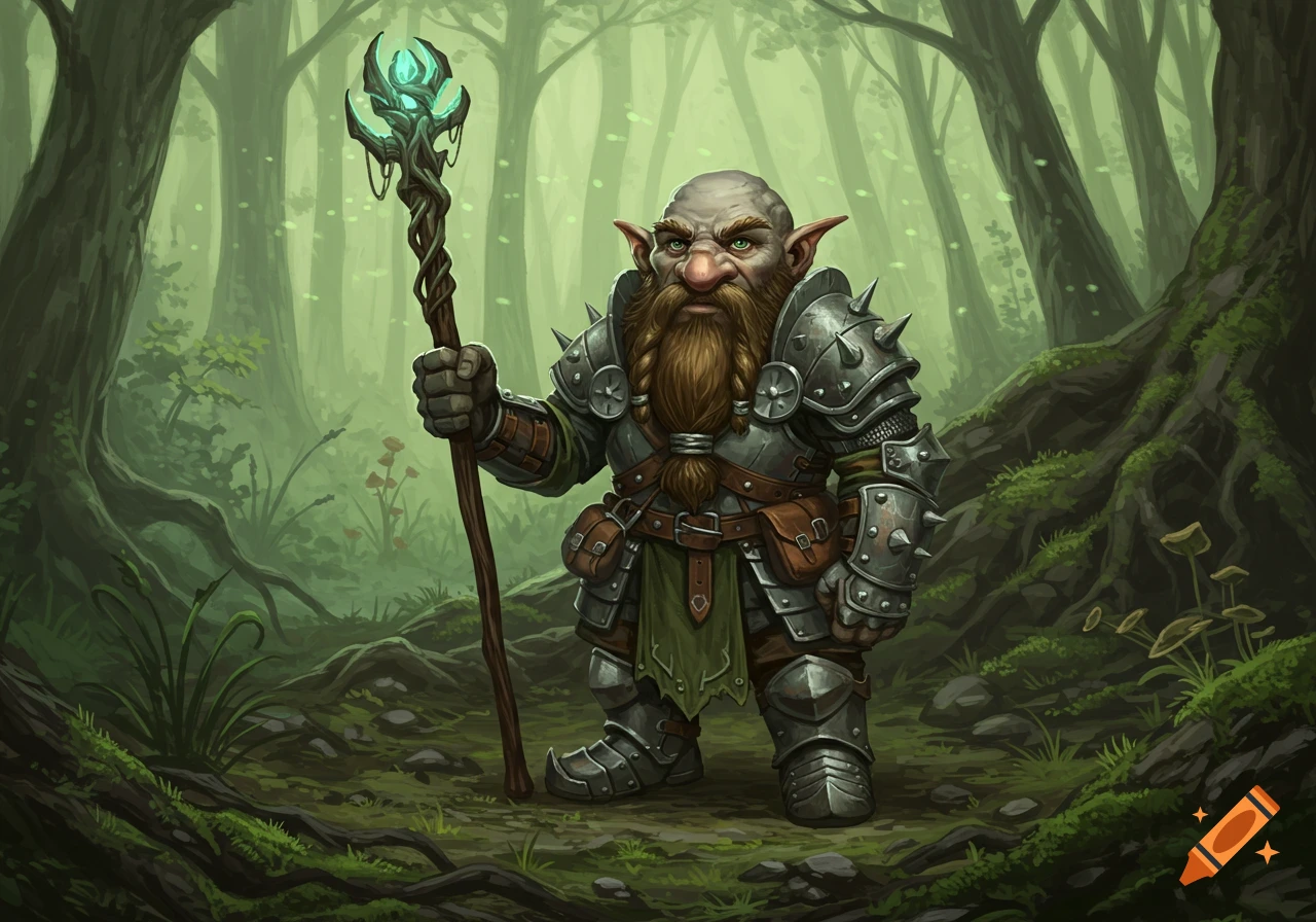 A fantasy D&D rock gnome warrior in studded armor holds a glowing staff in a misty forest, digital painting.