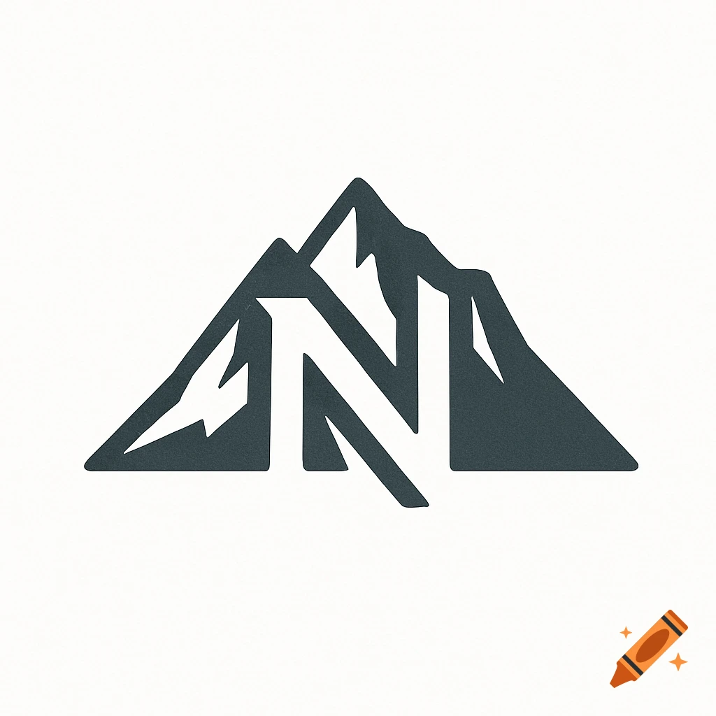 Minimalist dark gray mountain range logo with a white letter N incorporated, on a white background.