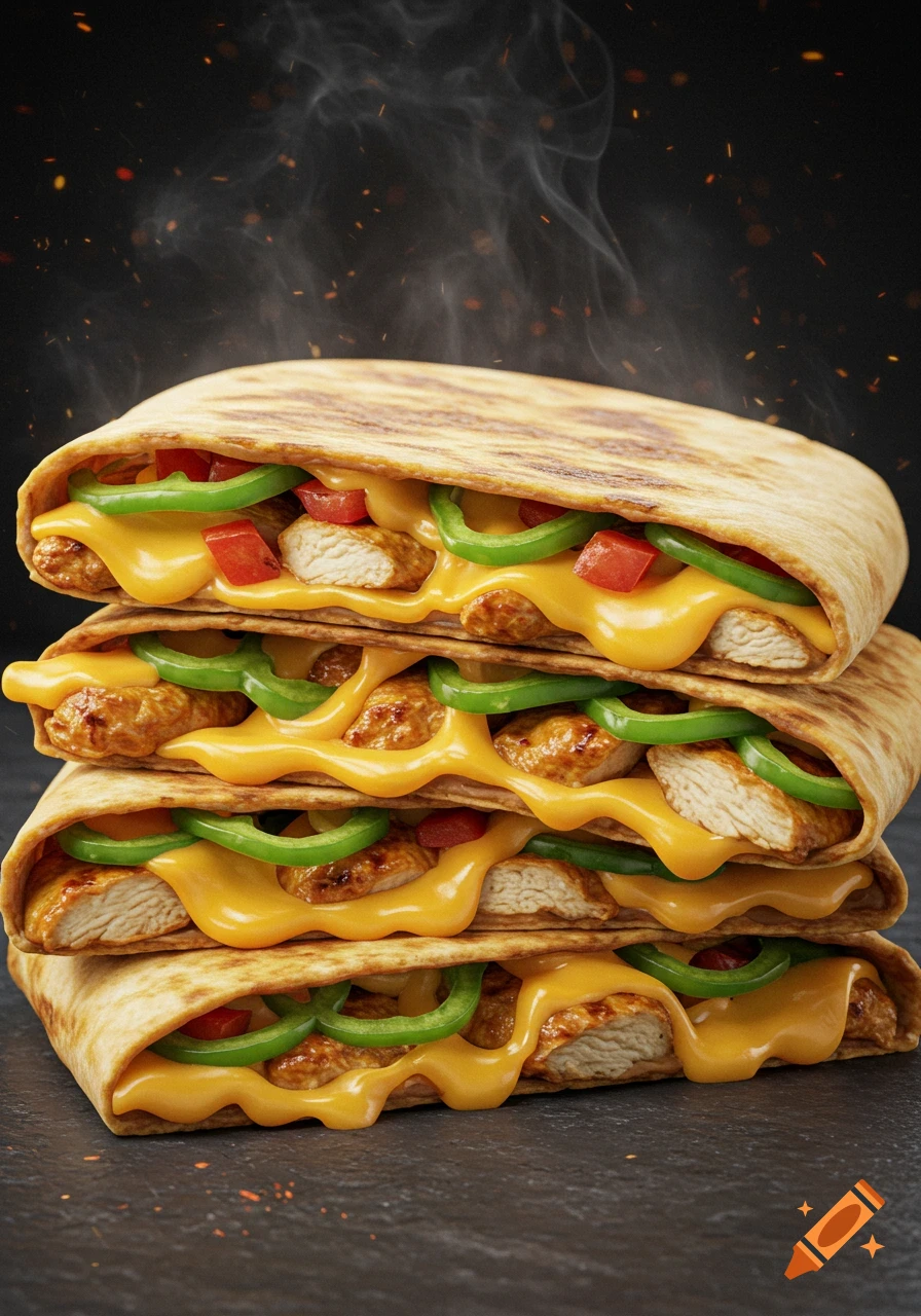 Three stacked quesadillas filled with chicken, green peppers, and melted cheese, with steam rising, on a dark surface.