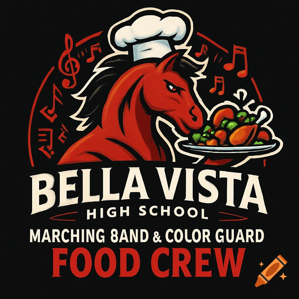Cartoon logo of a red horse chef holding food, with text 'Bella Vista High School Marching 8AND & Color Guard FOOD CREW'.