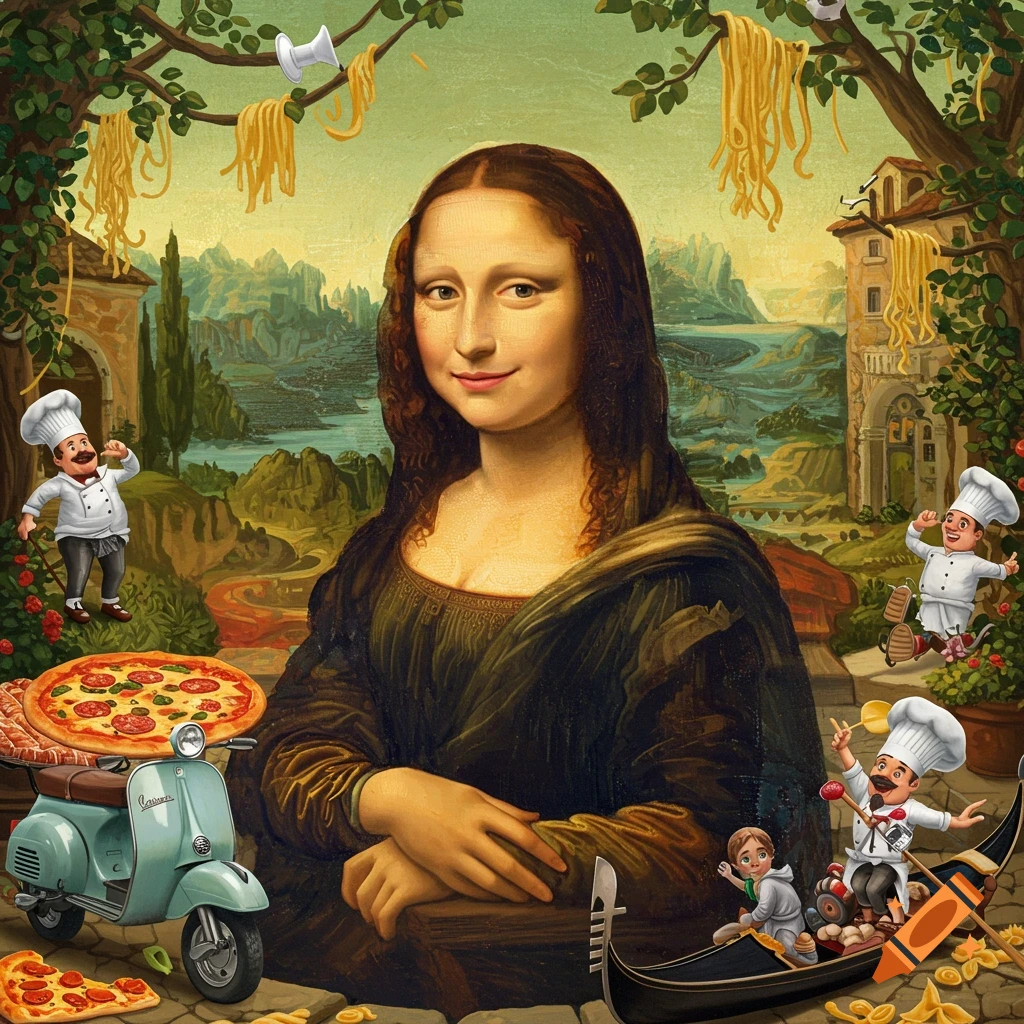 Mona Lisa in an Italian-themed illustration with pizza, pasta, cartoon chefs, a Vespa, and a gondola.