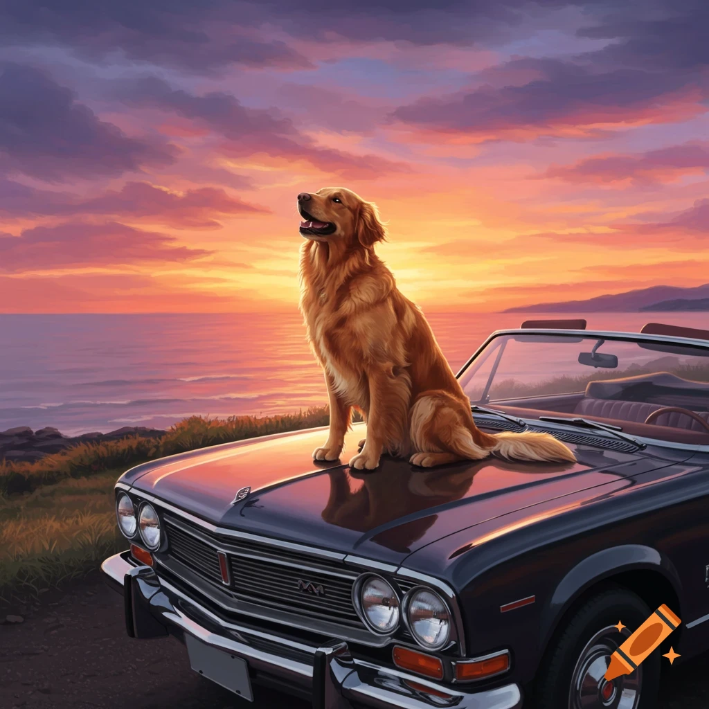 A golden retriever sits on the hood of a classic convertible car, overlooking a beautiful sunset ocean view in a digital painting style.