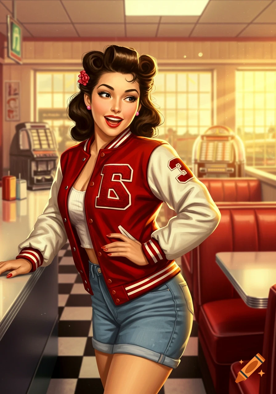 A stylish 1950s woman in a red and white varsity jacket and denim shorts stands in a retro diner.