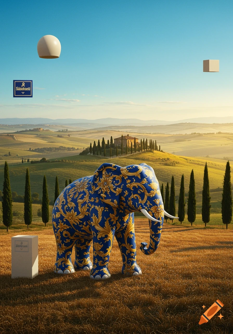 A large elephant with a blue and gold ornate pattern stands in a golden field in a Tuscan landscape with floating geometric shapes and a brand logo.