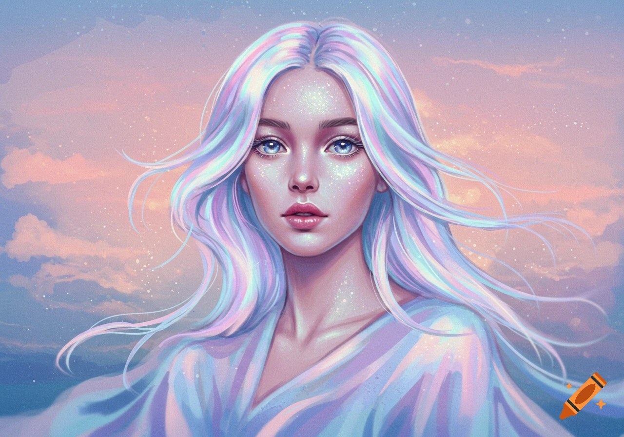 A digital art portrait of a woman with long, flowing iridescent pastel hair and glowing skin, looking forward against a soft pastel sky.