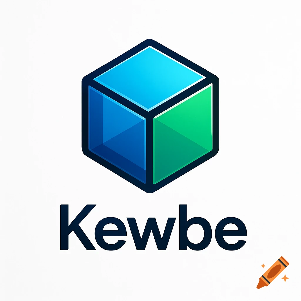 A logo featuring a blue and green isometric cube above the word 'Kewbe' in dark blue on a white background.