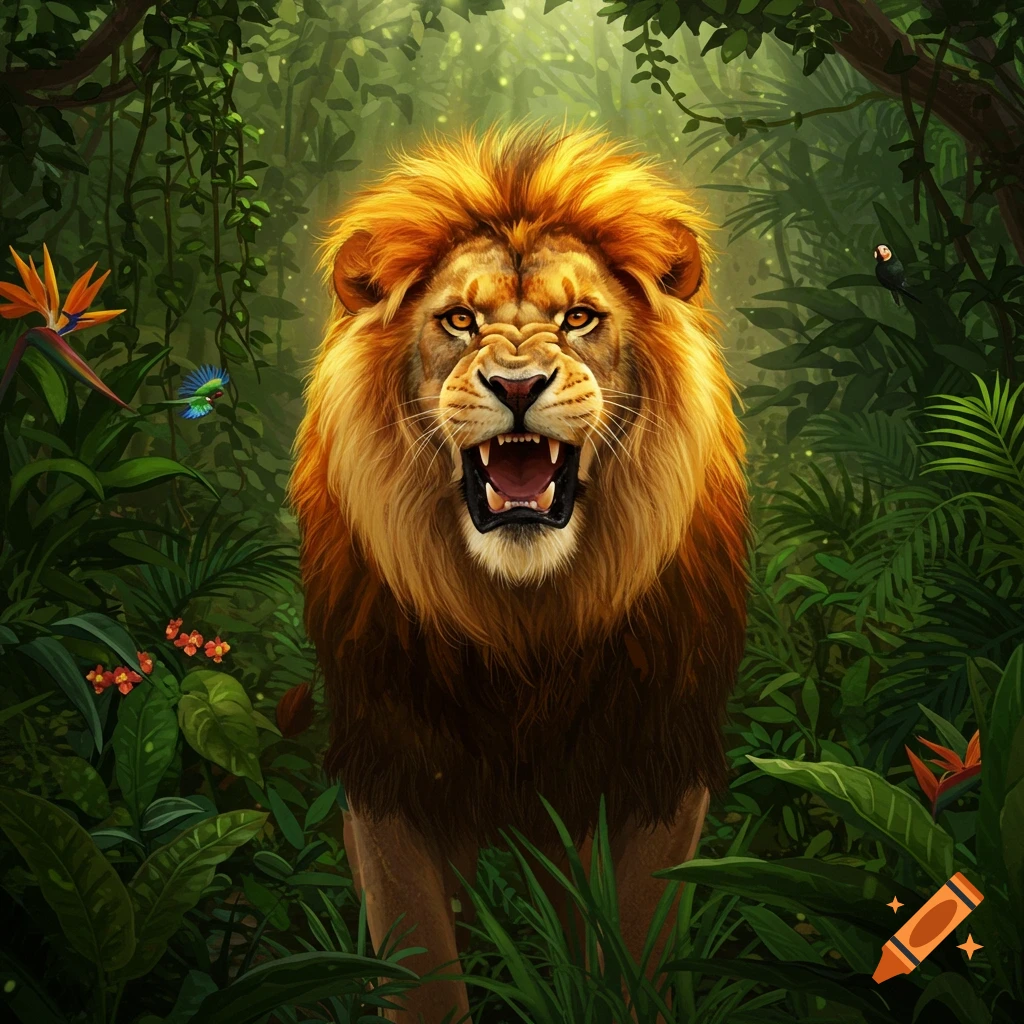 Stylized digital art of a roaring lion with a golden mane in a lush green jungle.