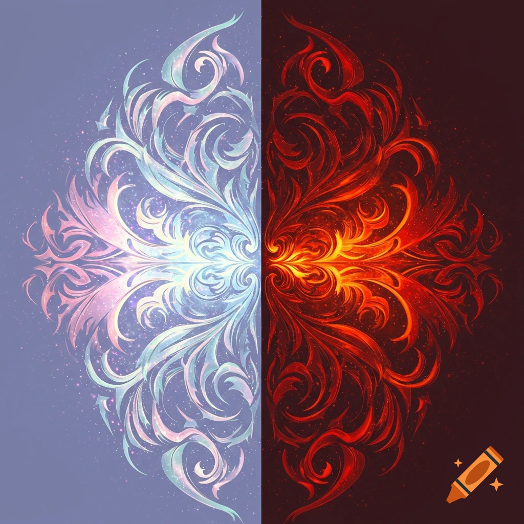 Symmetrical abstract design, half glowing blue-white ice patterns, half vibrant red-orange flame patterns, against a dark split background.