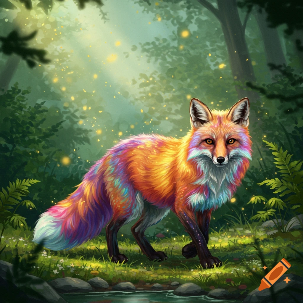A vibrant rainbow-colored fox stands in an enchanting, sun-dappled forest with glowing particles.
