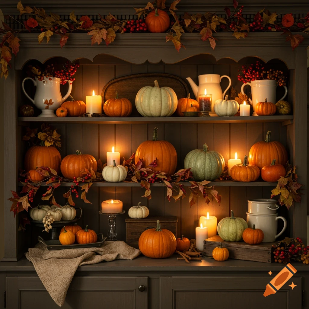 A beautifully decorated fall hutch with pumpkins, gourds, lit candles, and autumn leaves, creating a cozy atmosphere.