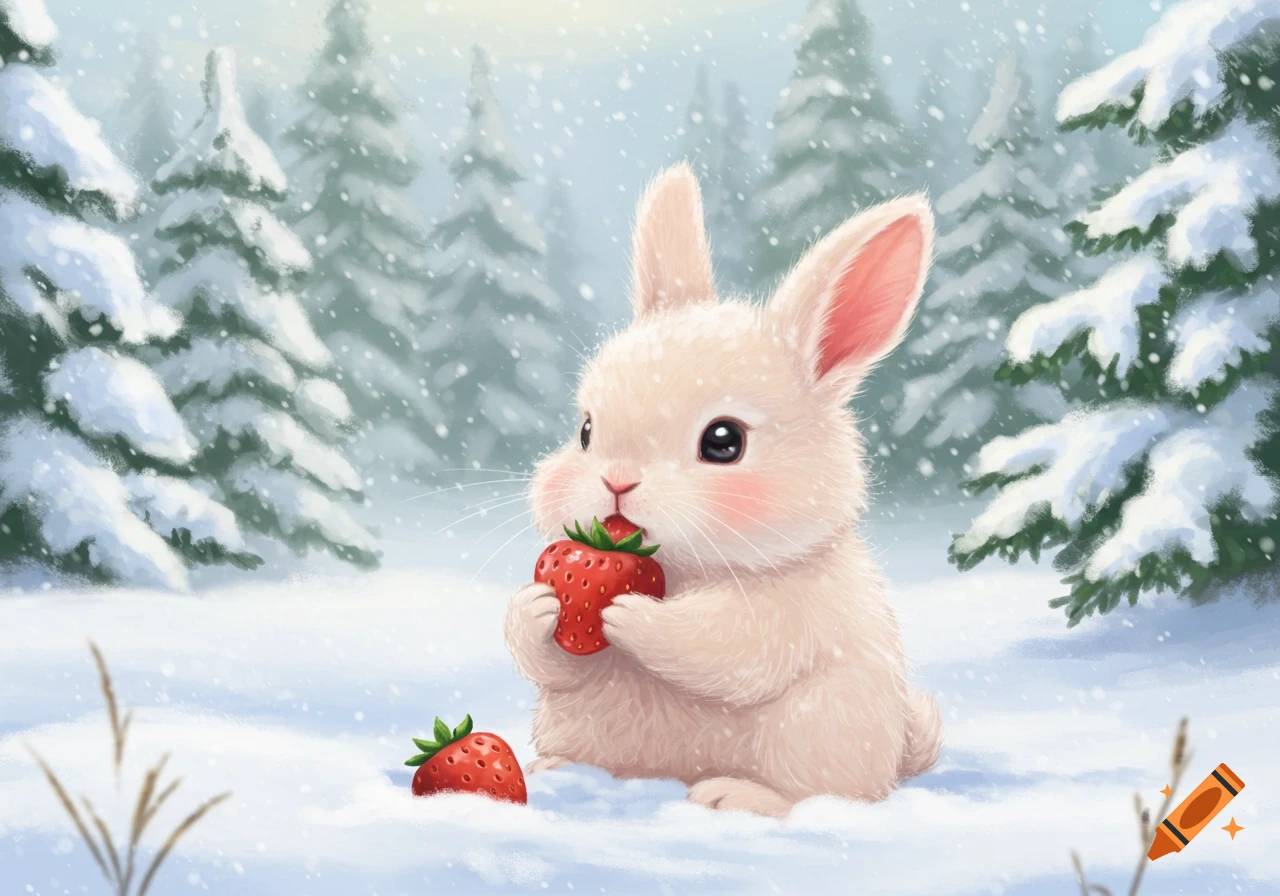 A cute fluffy white bunny with pink cheeks sits in the snow, nibbling a red strawberry. A snowy forest is in the background.