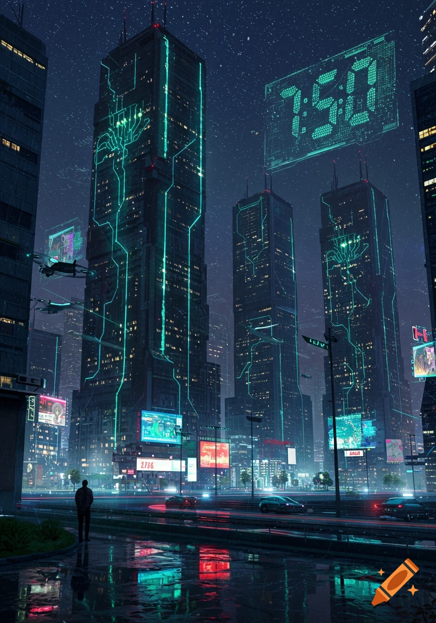 A dark, futuristic city at night, with towering skyscrapers glowing with green circuit patterns, flying drones, and a digital clock displaying 7:50 against a starry sky. A lone figure stands on a wet street reflecting neon lights.
