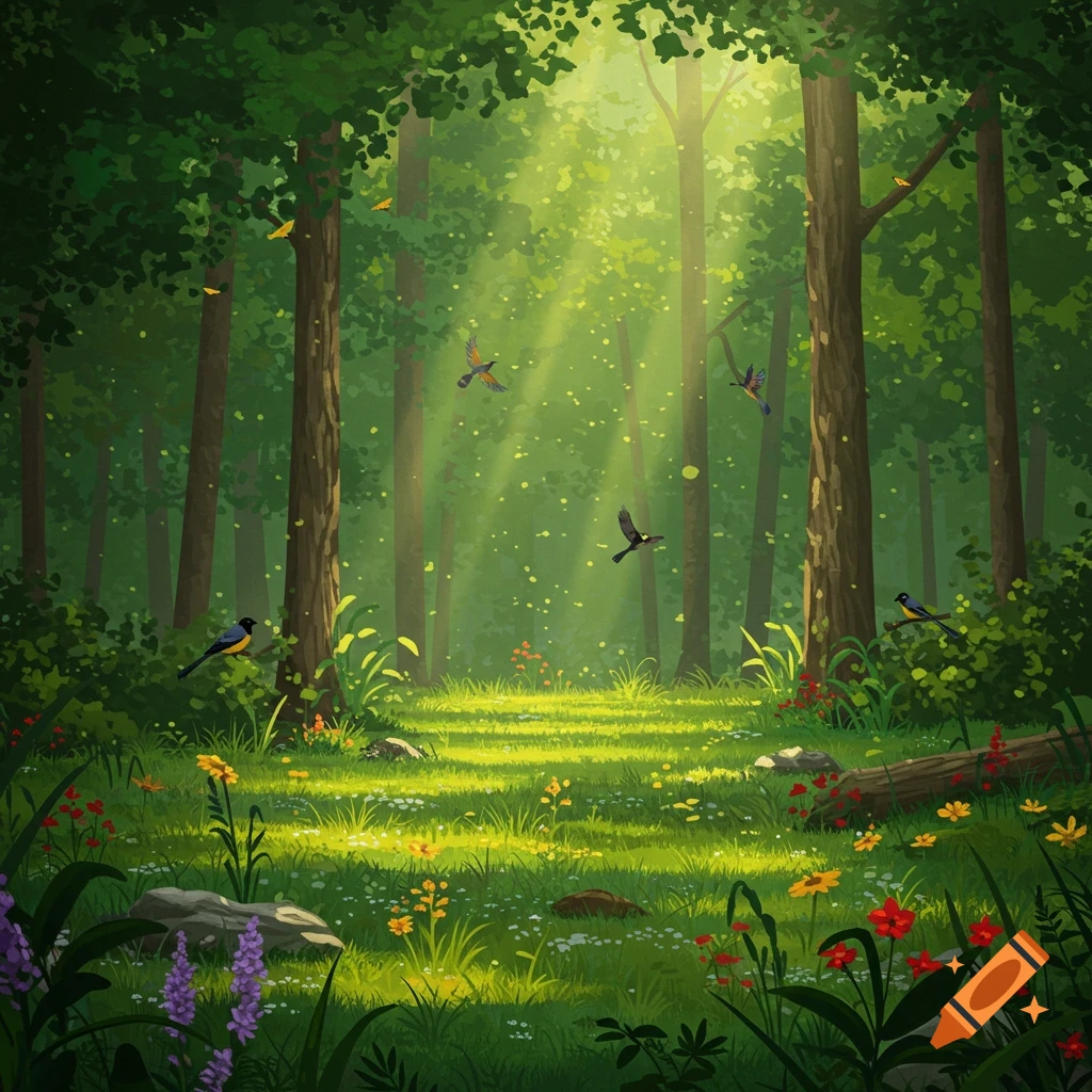 Lush, vibrant emerald forest with sun rays, a grassy path, colorful flowers, and birds flying among the trees.