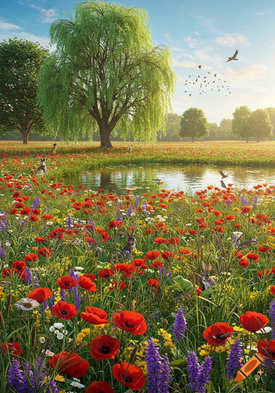 A vibrant field of red and purple wildflowers surrounds a tranquil pond. A large willow tree stands by the water, with rabbits, frogs, and birds scattered throughout the verdant landscape under a clear sky.