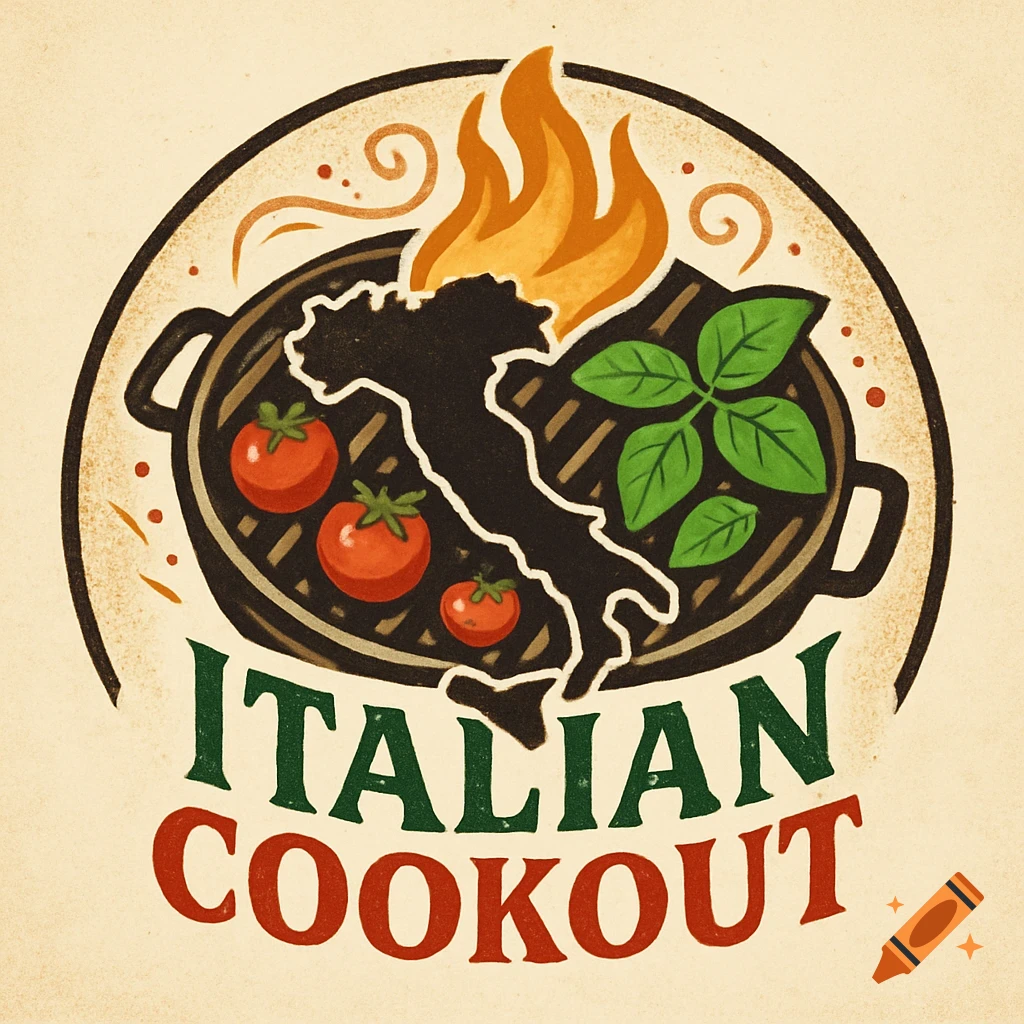 Vintage-style logo for 'Italian Cookout' featuring a grill with tomatoes, basil, the map of Italy, and flames.