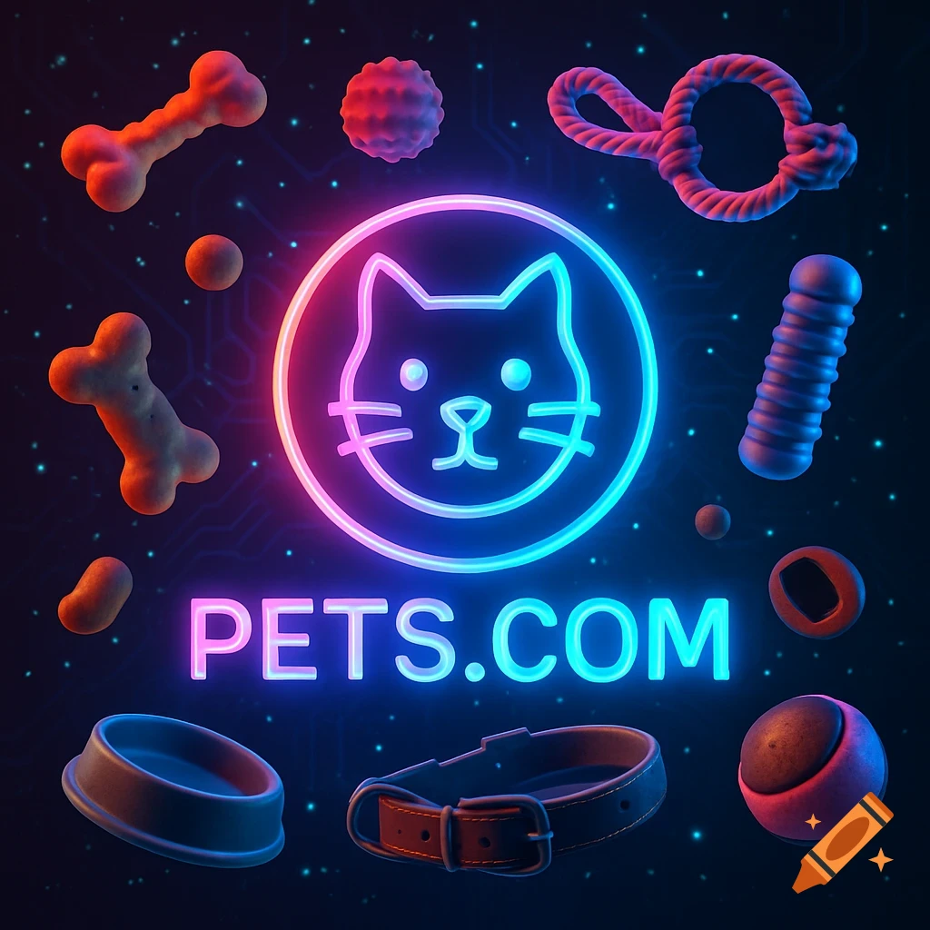 Futuristic neon Pets.com logo with a cat silhouette, surrounded by floating pet toys and accessories on a dark, tech-inspired background.