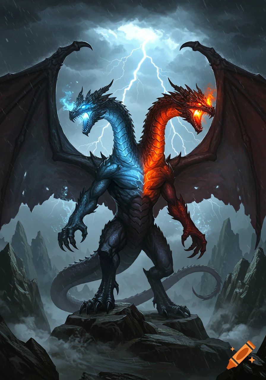 A powerful two-headed dragon, split with blue ice on one side and red fire on the other, stands on a rocky peak under a stormy, lightning-filled sky.